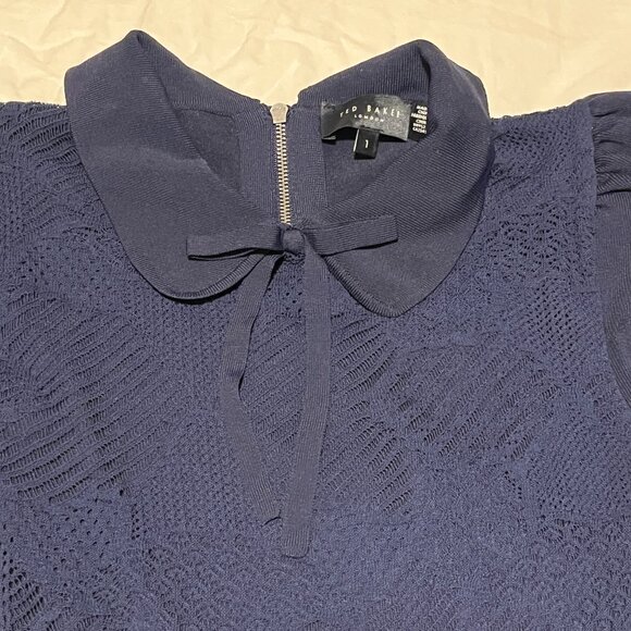 Ted Baker Navy Knit Dress Peter Pan Collar Bow Circle Skirt Twee Lace Size 1 - Picture 3 of 6